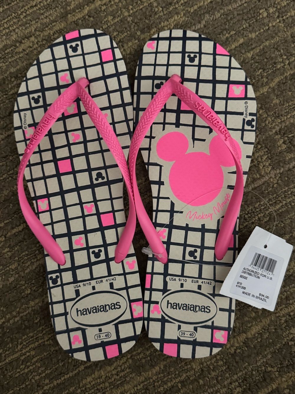 NWT DISNEY Havaianas sandals flip flops, Pink Minnie Geometric Sz 9/10